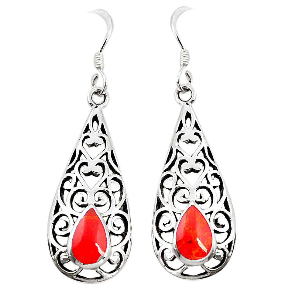 LAB Red coral enamel 925 sterling silver dangle earrings jewelry c11821