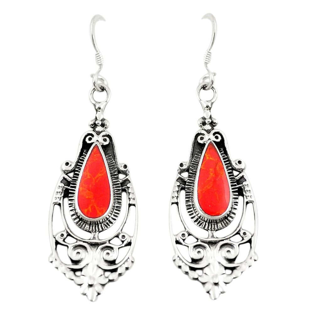 Red coral enamel 925 sterling silver dangle earrings jewelry c11826