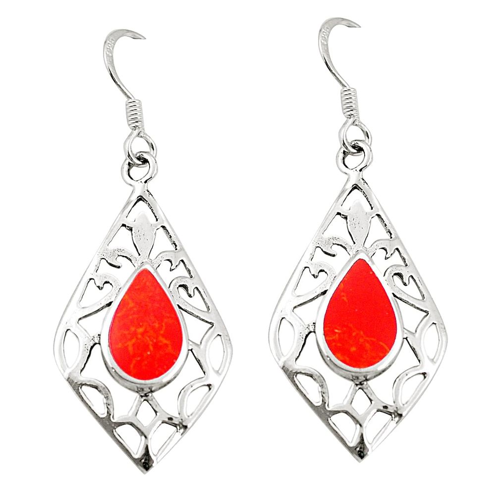 Red coral enamel 925 sterling silver dangle earrings jewelry c11827