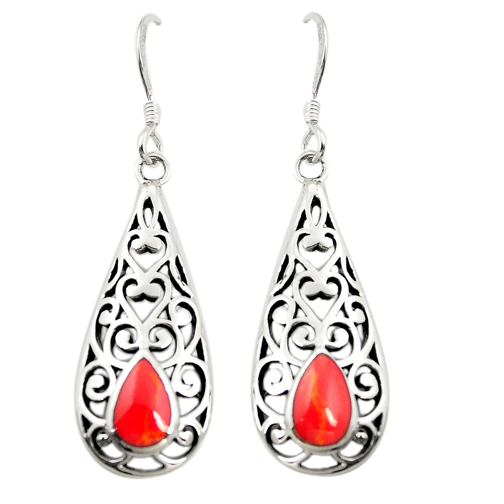 Red coral enamel 925 sterling silver dangle earrings jewelry c11829