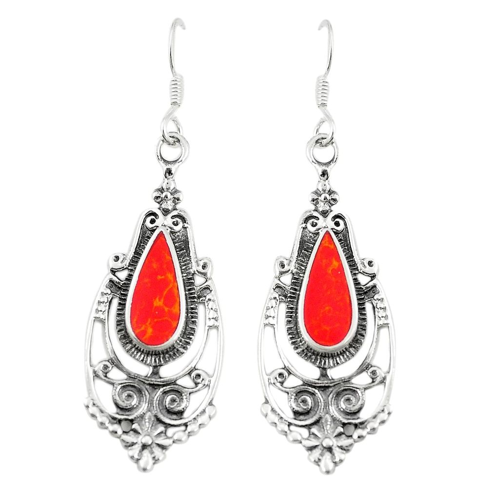 Red coral enamel 925 sterling silver dangle earrings jewelry c11831