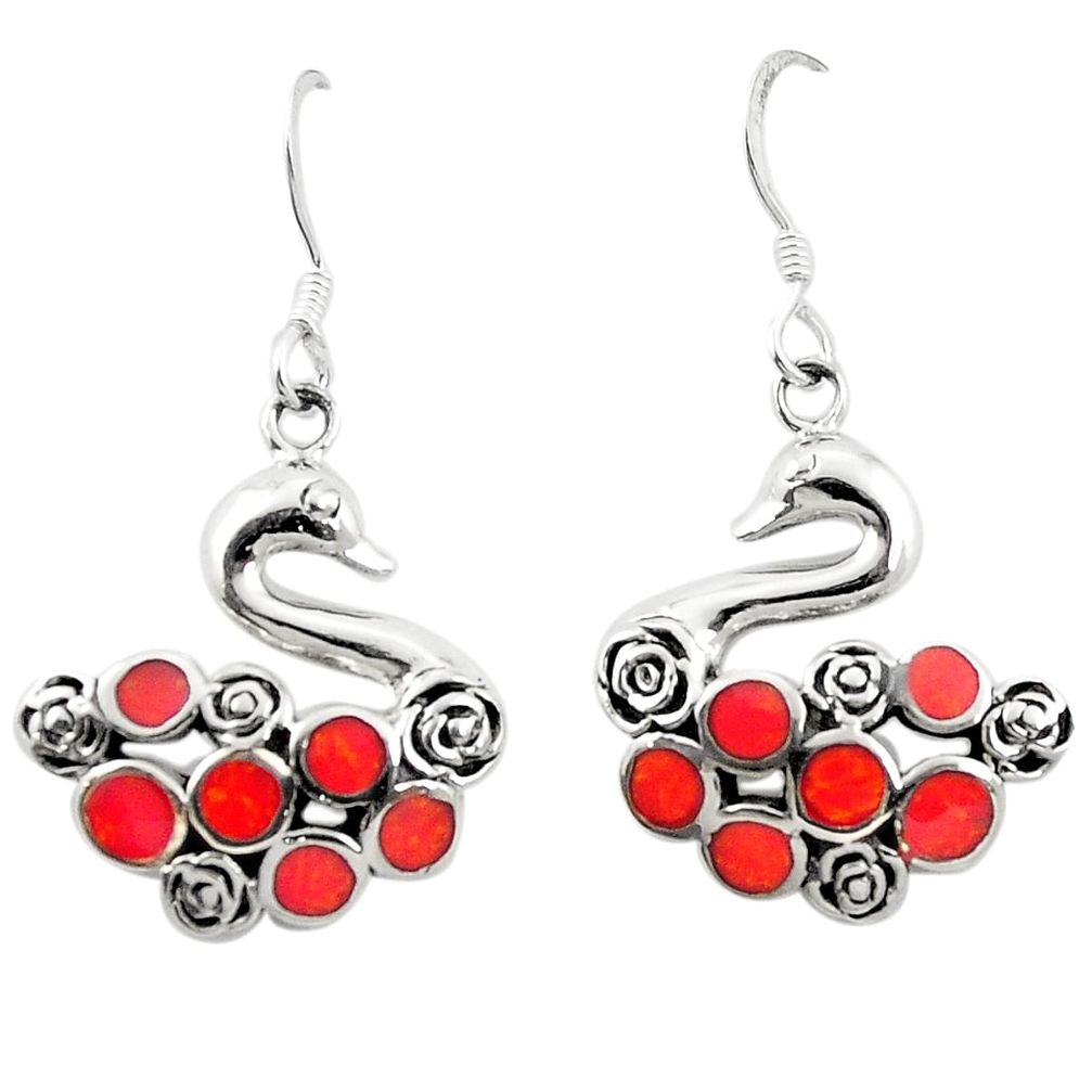 Red coral enamel 925 sterling silver dangle earrings jewelry c11848