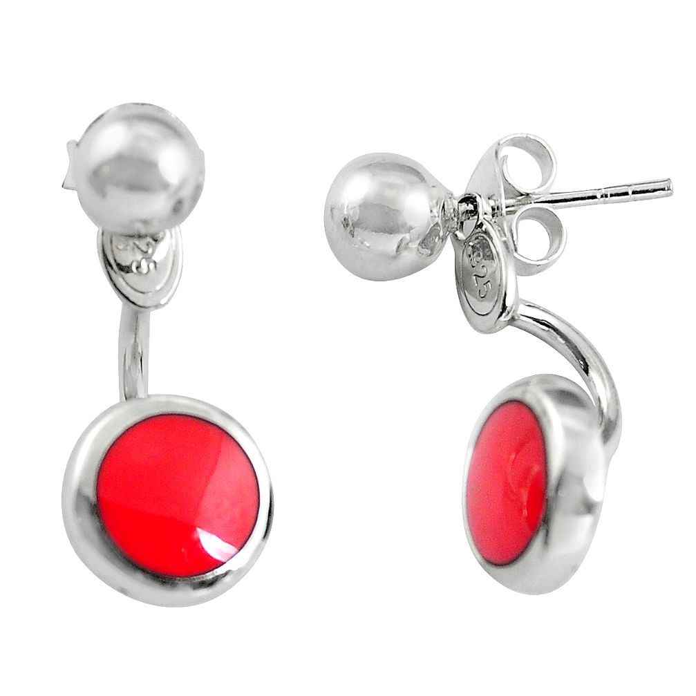 Red coral enamel 925 sterling silver dangle earrings jewelry c25471