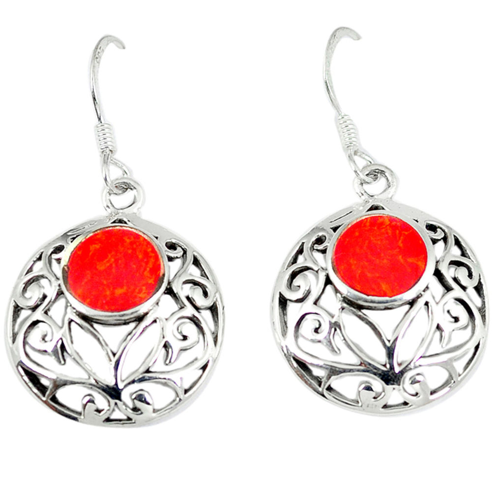 LAB 5.04gms red coral enamel 925 sterling silver earrings jewelry c11564