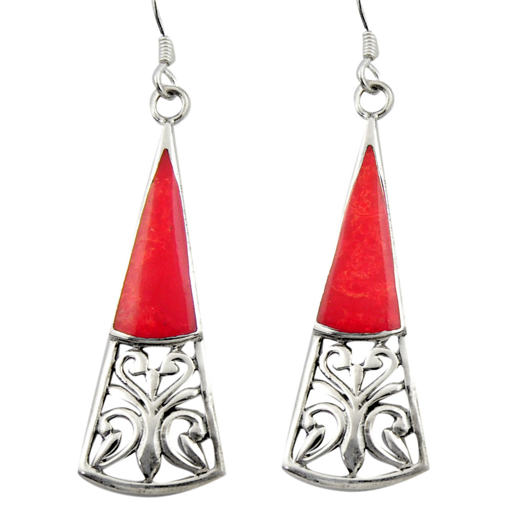 4.02gms red coral enamel 925 sterling silver earrings jewelry c26364