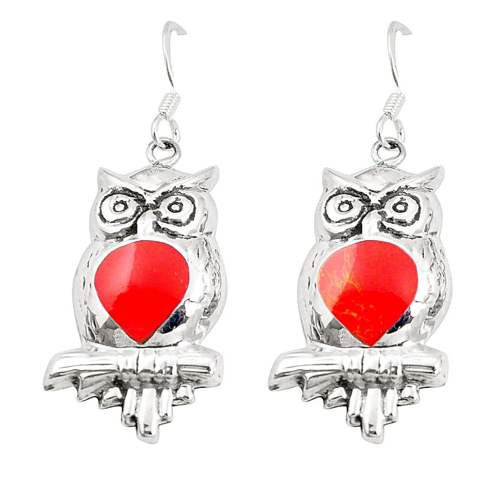 Red coral enamel 925 sterling silver owl earrings jewelry c11594