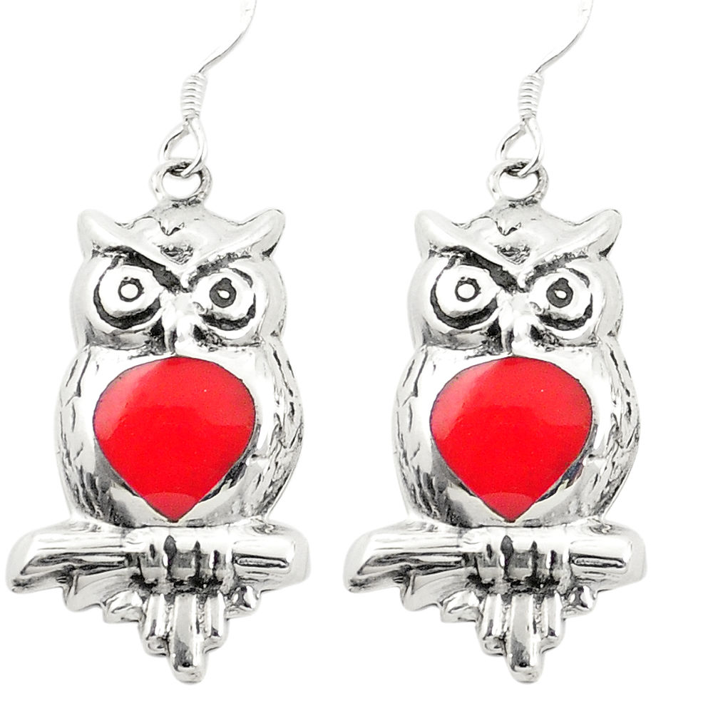 Red coral enamel 925 sterling silver owl earrings jewelry c11793