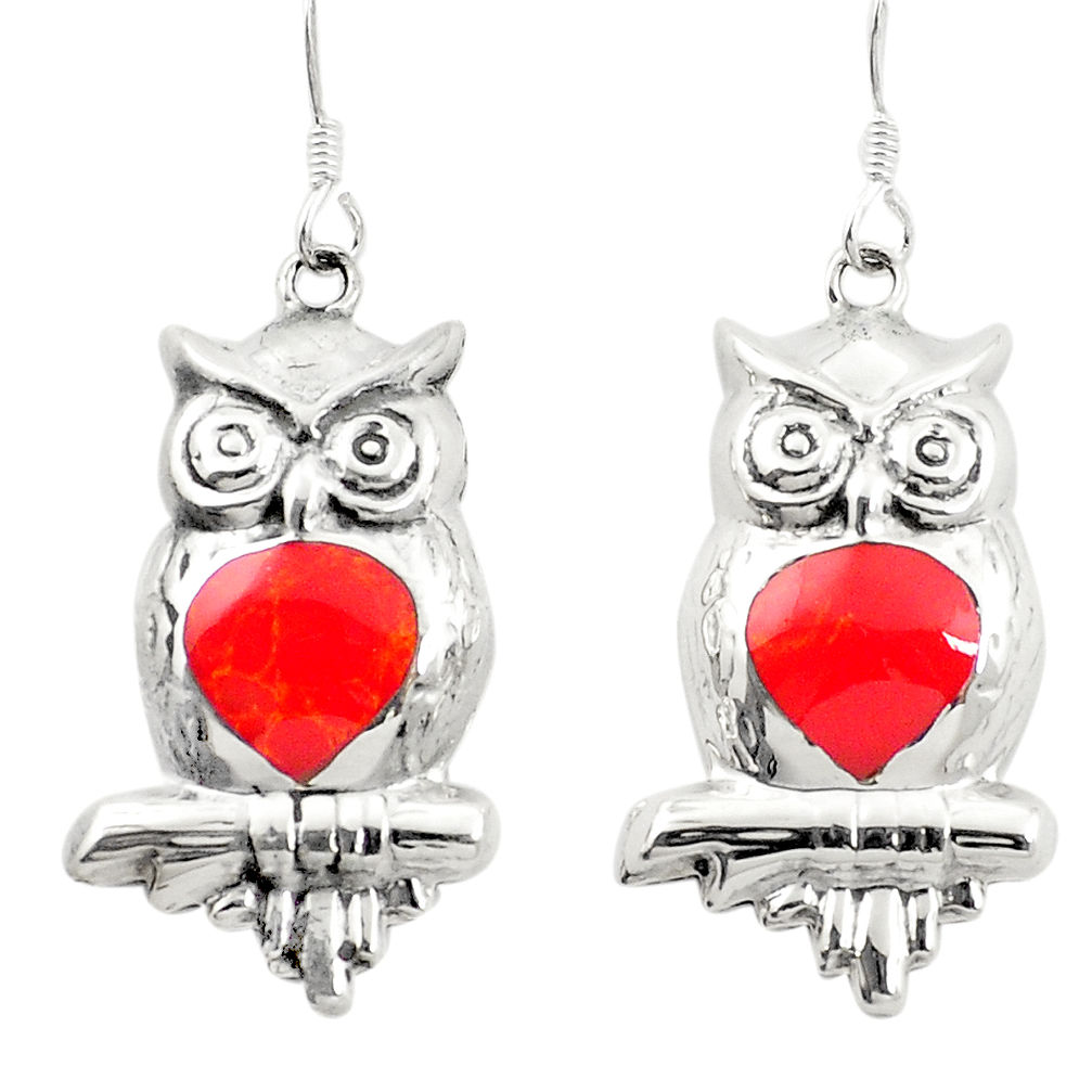 LAB Red coral enamel 925 sterling silver owl earrings jewelry c11798