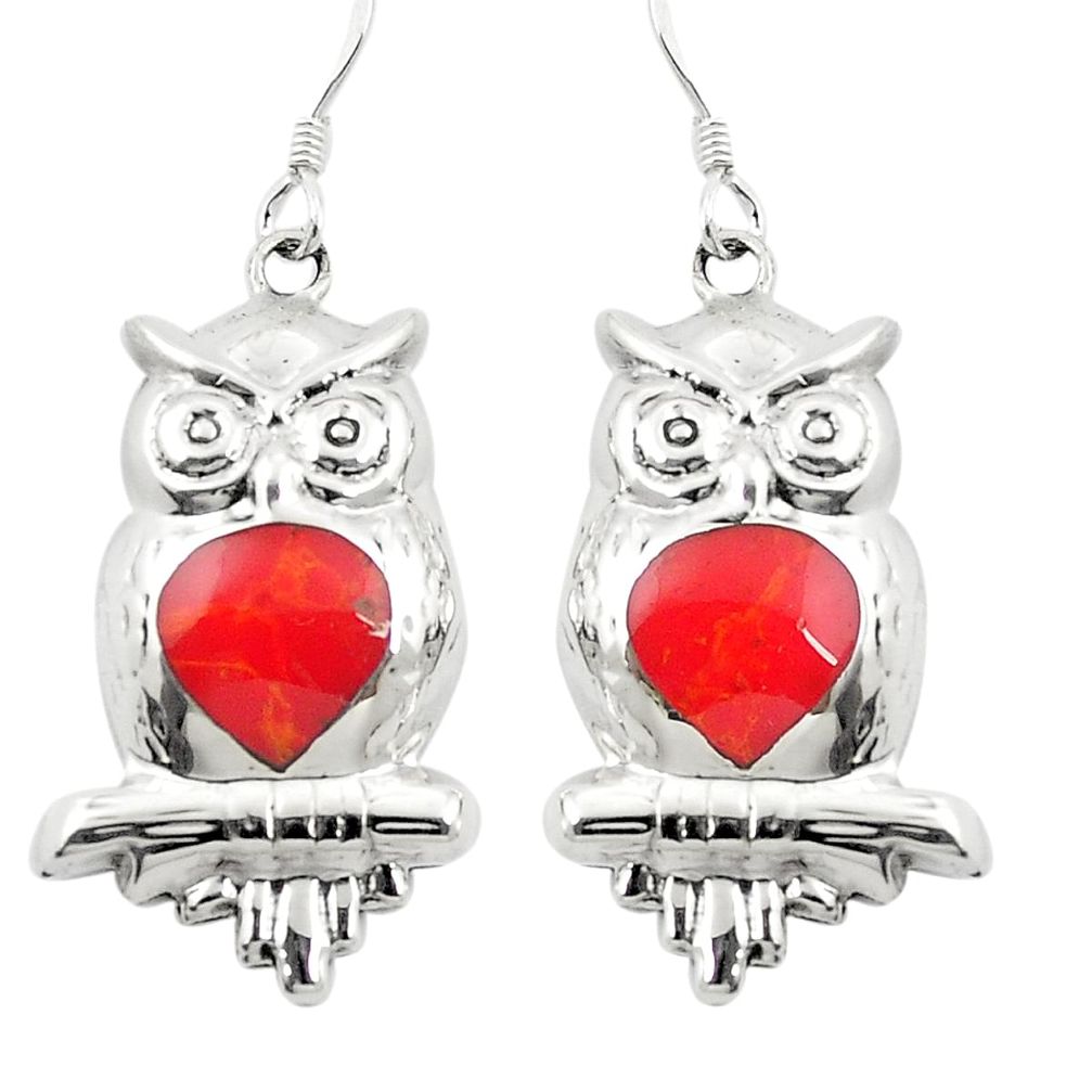 Red coral enamel 925 sterling silver owl earrings jewelry c11800