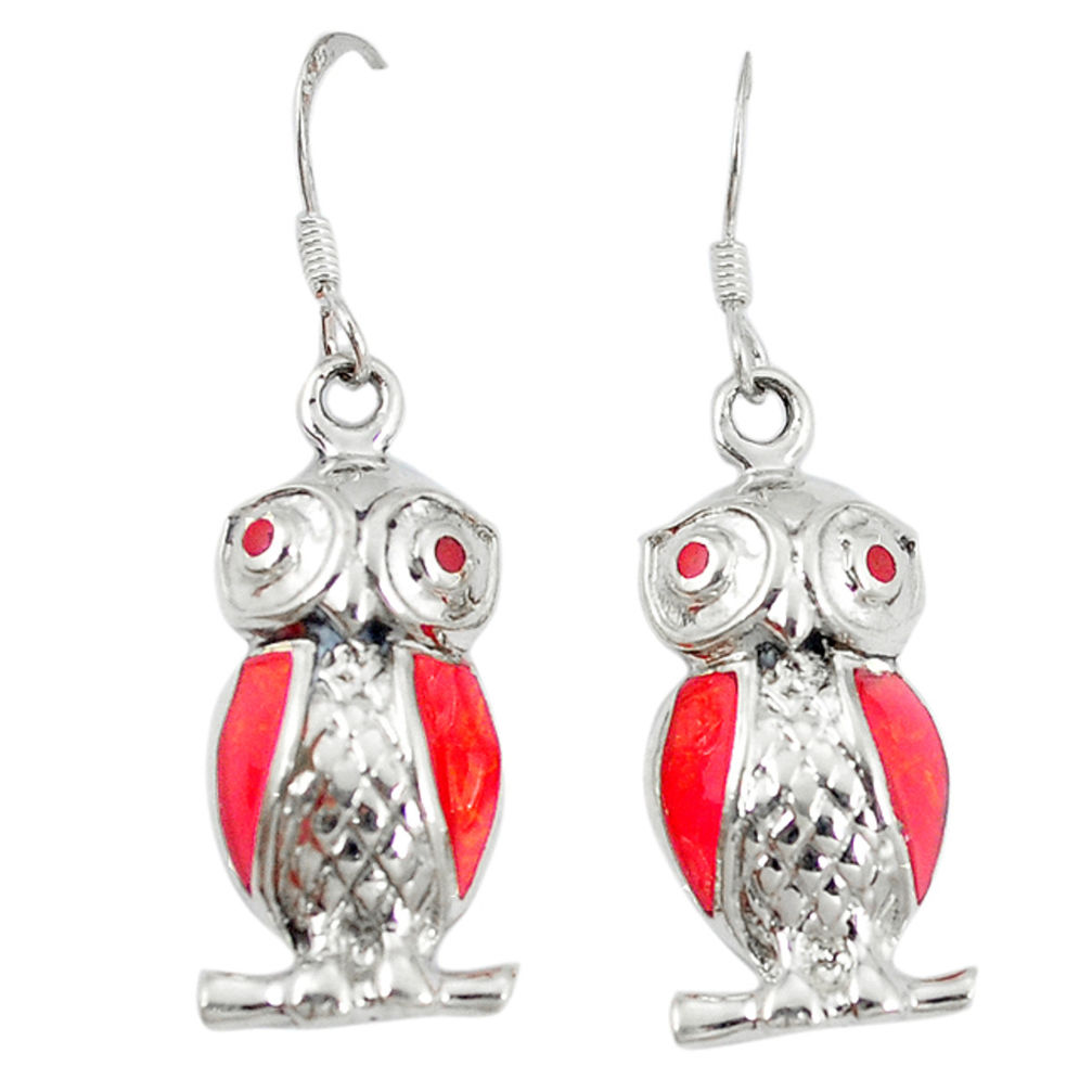 Red coral enamel 925 sterling silver owl earrings jewelry c11842