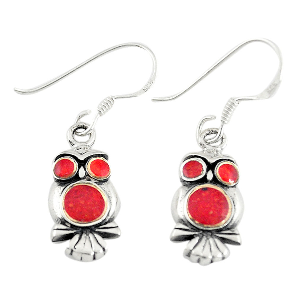 Red coral enamel 925 sterling silver owl earrings jewelry c22196