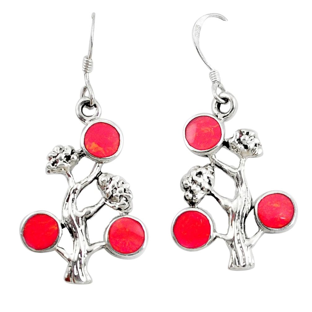 5.48gms red coral enamel 925 sterling silver tree of life earrings c26056