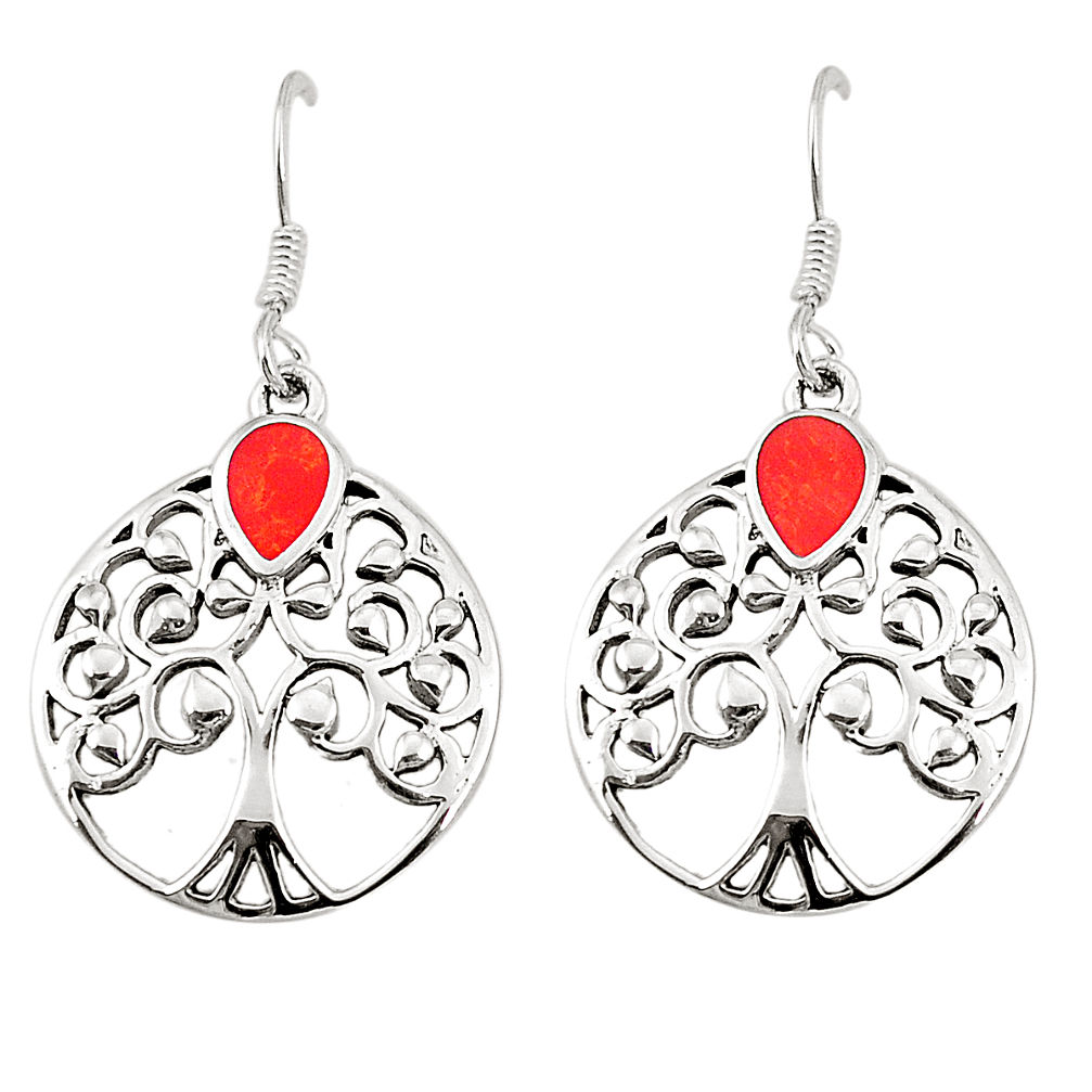 Red coral enamel 925 sterling silver tree of life earrings jewelry c11567