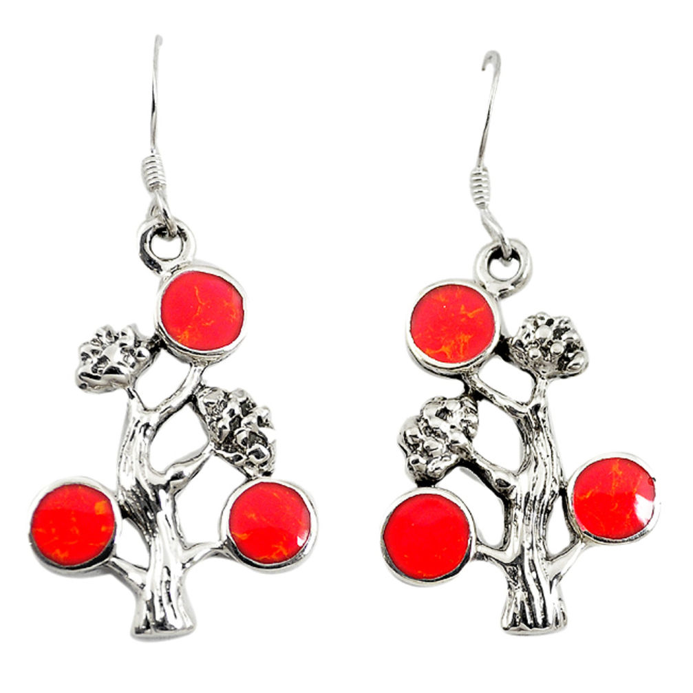 Red coral enamel 925 sterling silver tree of life earrings jewelry c11850