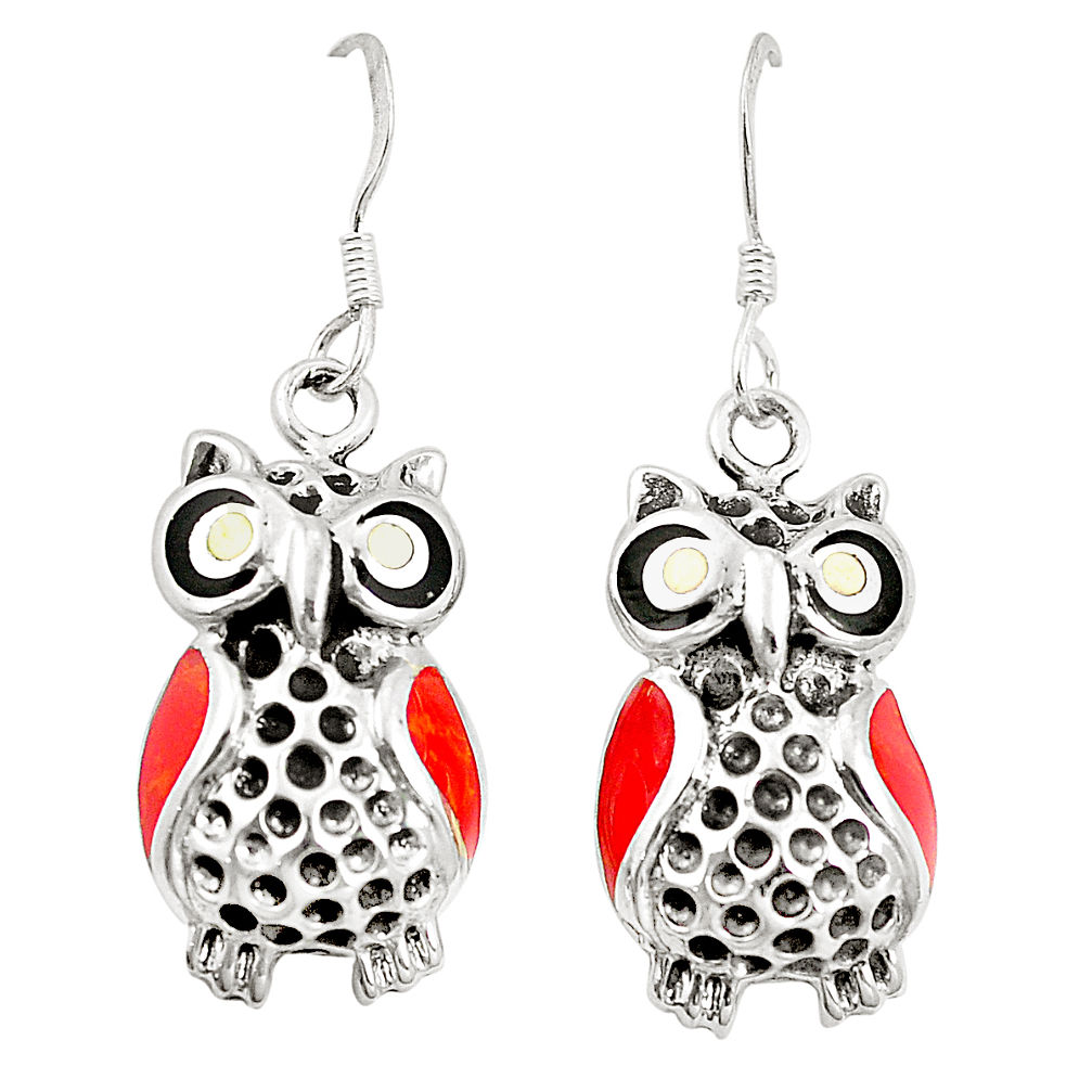 LAB Red coral onyx enamel 925 sterling silver owl earrings jewelry c11841