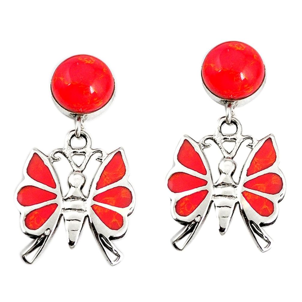 Red coral round 925 sterling silver butterfly earrings jewelry c11715