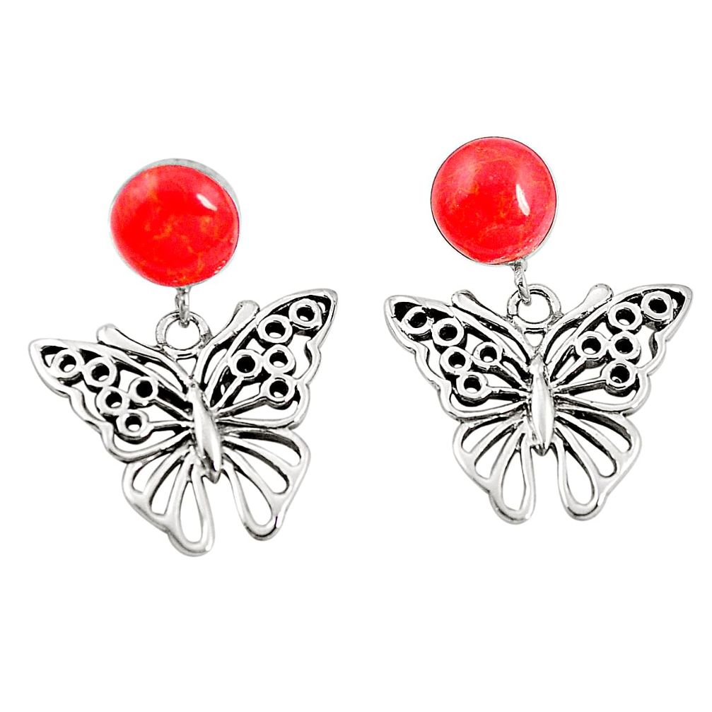 Red coral round 925 sterling silver butterfly earrings jewelry c11706