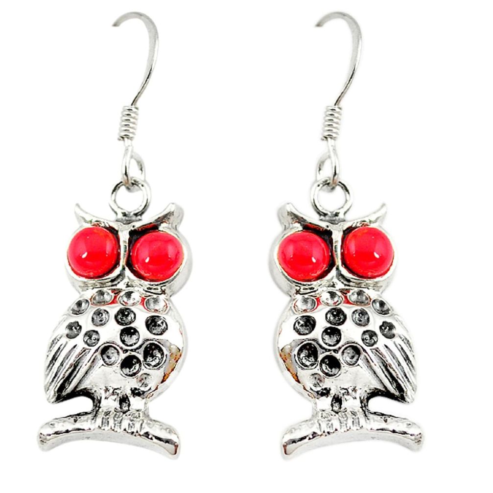 Red coral round 925 sterling silver owl charm earrings jewelry c22193