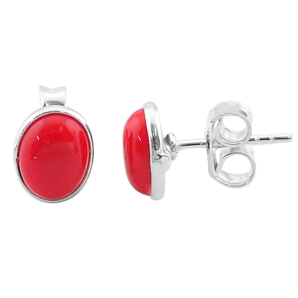 3.81cts red coral round 925 sterling silver stud earrings jewelry t19226