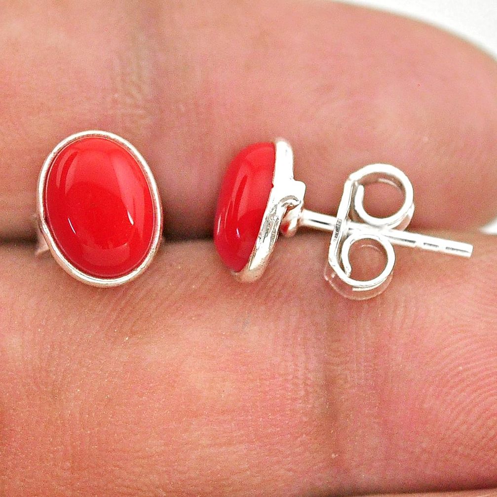 3.77cts red coral round 925 sterling silver stud earrings jewelry t29266