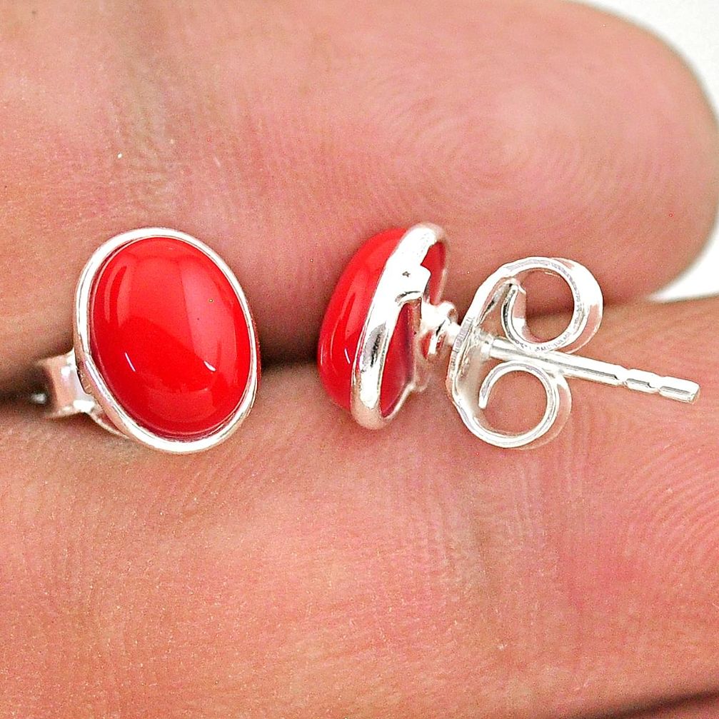 3.87cts red coral round 925 sterling silver stud earrings jewelry t29288