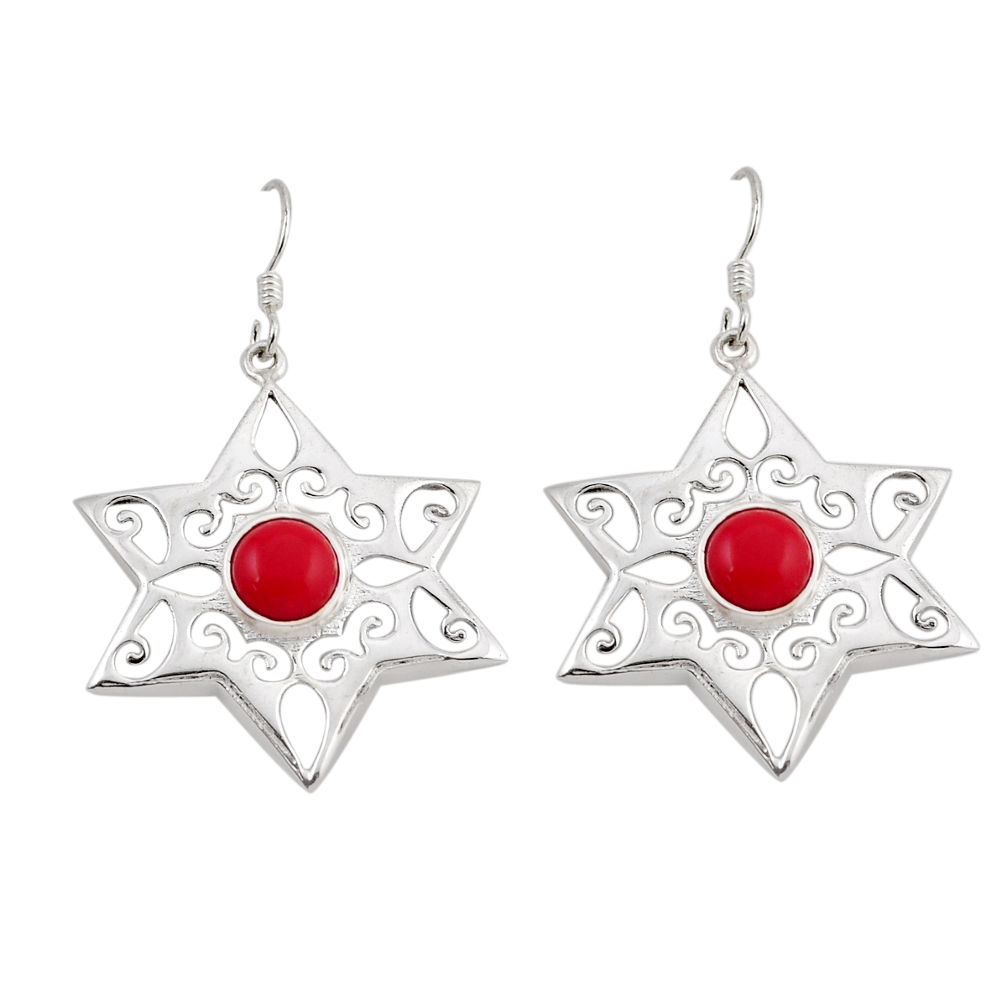 4.67cts red coral round shape 925 sterling silver dangle earrings jewelry y50911