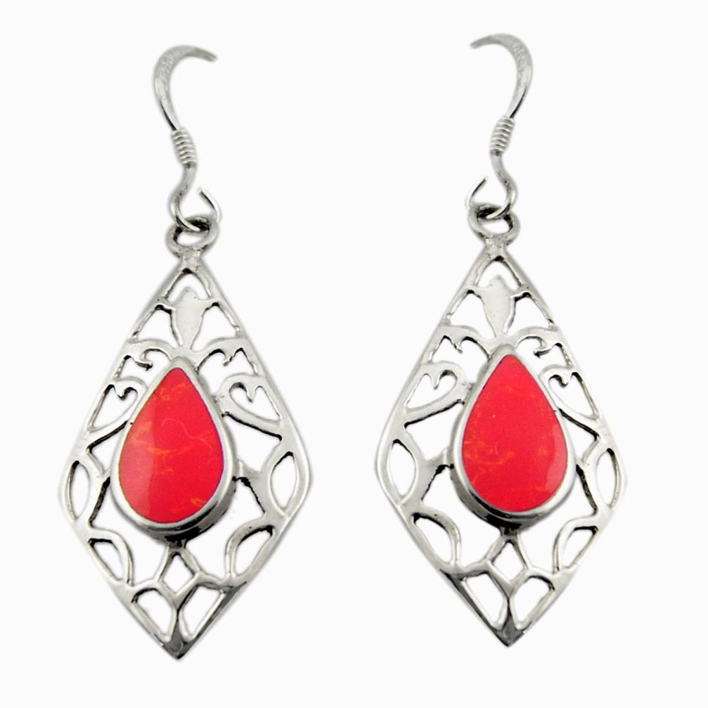 3.02gms red sponge coral enamel 925 sterling silver earrings jewelry c26366