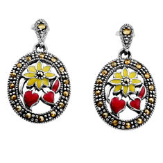 5.48gms red yellow enamel marcasite 925 sterling silver flower earrings y83601