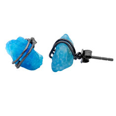 Rhodium natural blue apatite rough 925 silver wire wrap stud earrings u67914