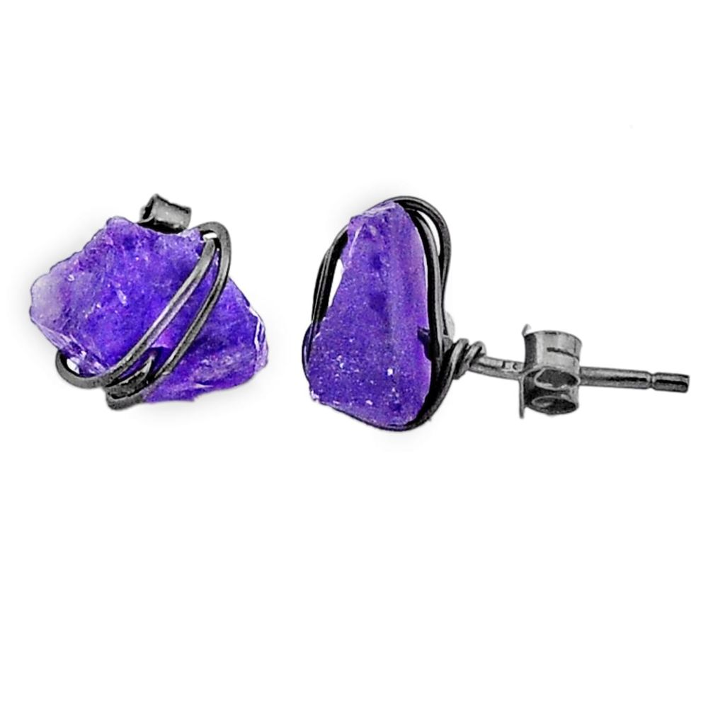 7.19cts rhodium natural purple amethyst raw 925 silver stud earrings t6510