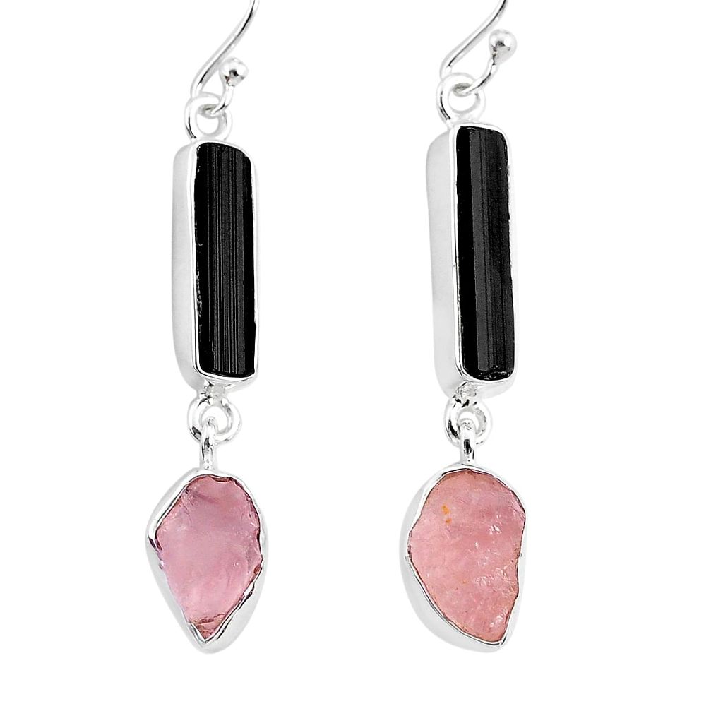 13.85cts rose quartz black tourmaline raw 925 silver dangle earrings r93734