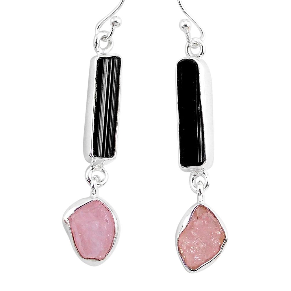 13.85cts rose quartz black tourmaline raw 925 silver dangle earrings r93737