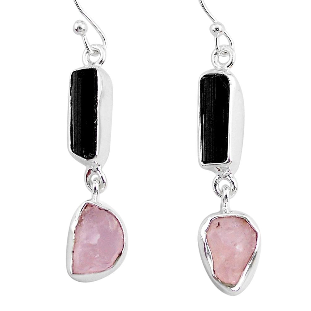 12.60cts rose quartz black tourmaline raw 925 silver dangle earrings r93738