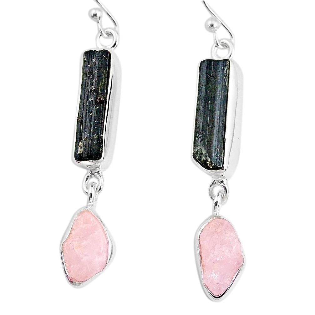 11.57cts rose quartz raw black tourmaline silver dangle handmade earrings r74262