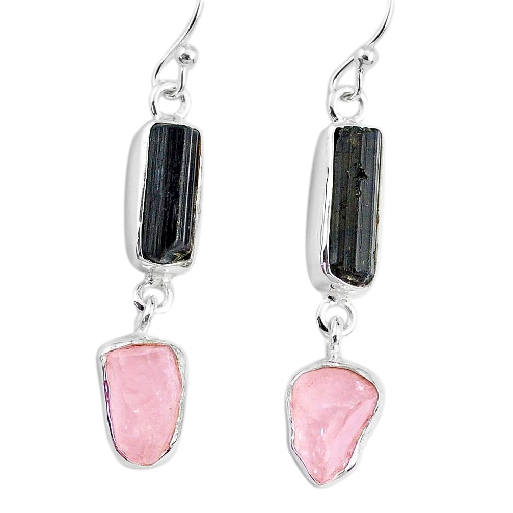 10.71cts rose quartz raw black tourmaline silver dangle handmade earrings r74263