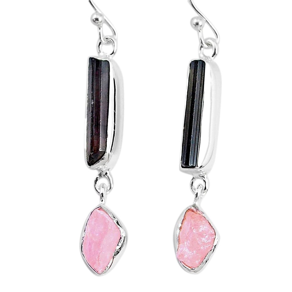 10.76cts rose quartz raw black tourmaline silver dangle handmade earrings r74266