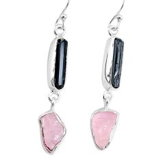 10.19cts rose quartz raw black tourmaline silver dangle handmade earrings r74267