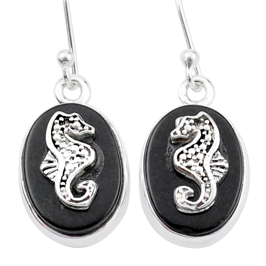 12.70cts seahorse natural black onyx 925 sterling silver coin enamel earrings jewelry u34738