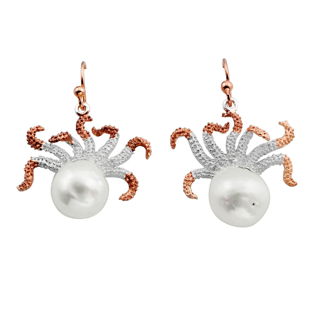 Silver 12.31cts natural white pearl rose gold dangle octopus earrings y83728
