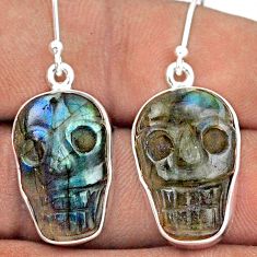 17.69cts skull carving natural blue labradorite 925 silver earrings t90472