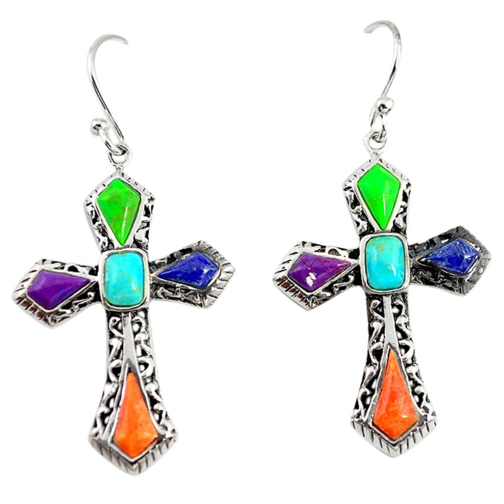 Southwestern multi color copper turquoise 925 silver holy cross earrings c22393