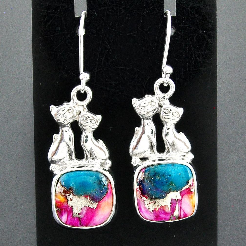 10.01cts spiny oyster arizona turquoise 925 silver two cats earrings r96820