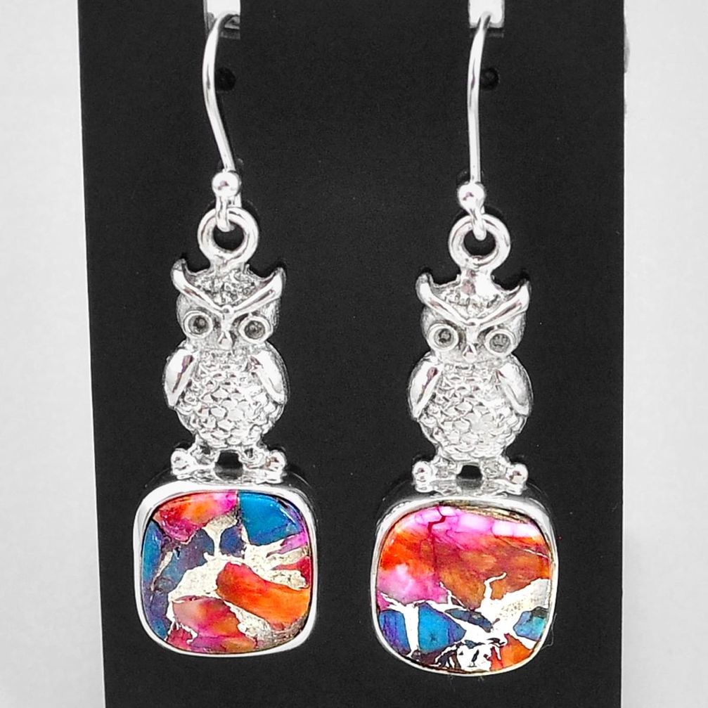 14.12cts spiny oyster arizona turquoise 925 sterling silver owl earrings t4070