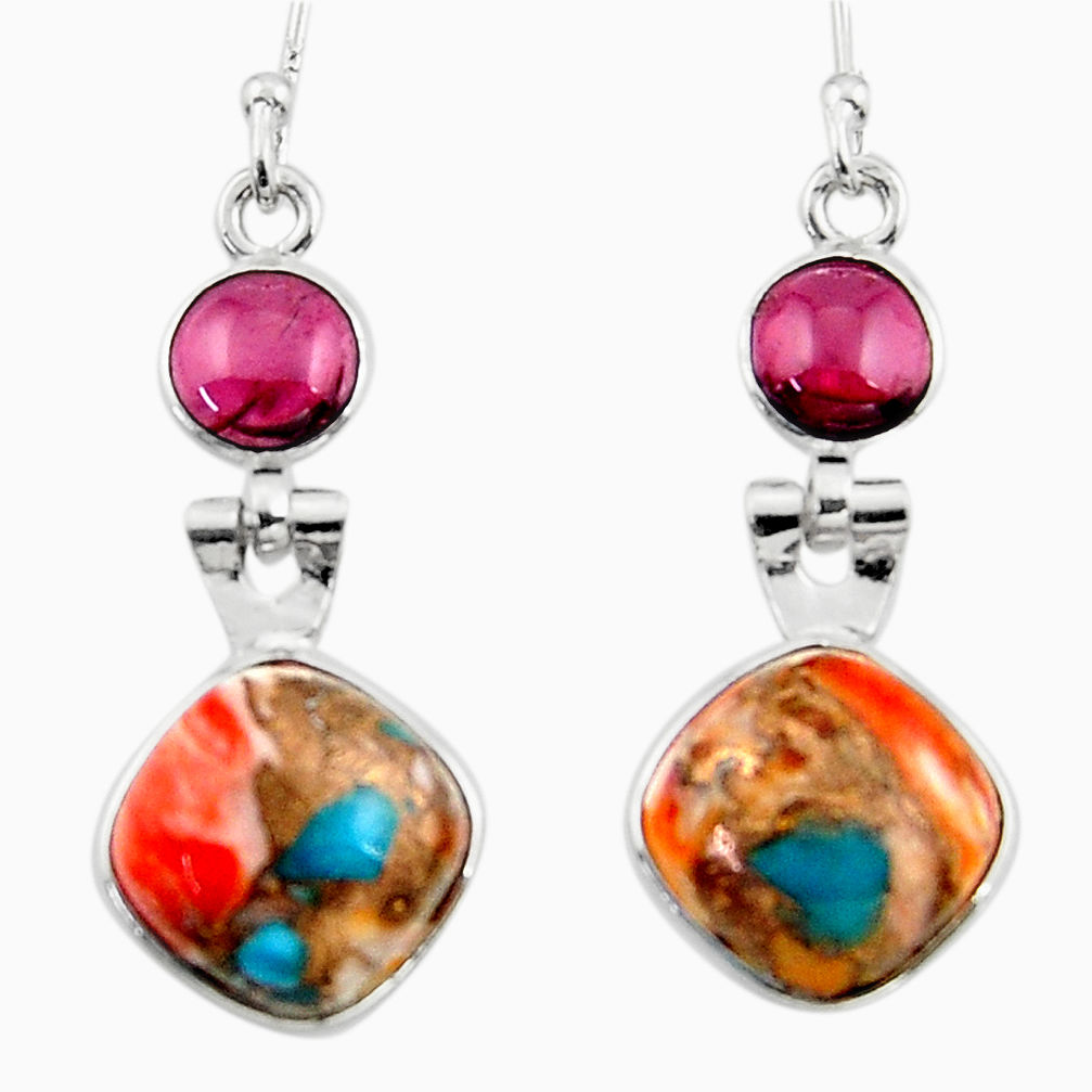10.08cts spiny oyster arizona turquoise garnet 925 silver dangle earrings r51782