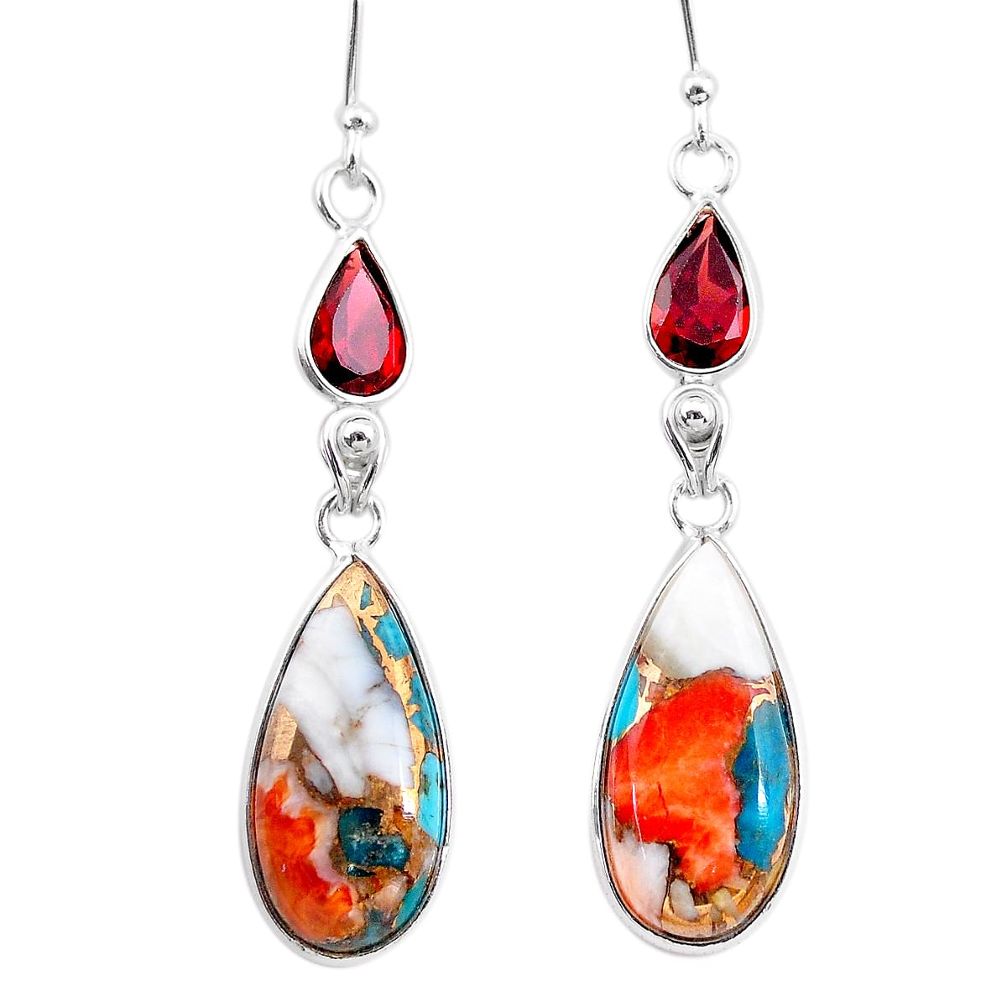 14.17cts spiny oyster arizona turquoise garnet 925 silver dangle earrings t24883