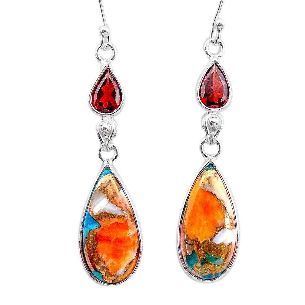 13.13cts spiny oyster arizona turquoise garnet 925 silver dangle earrings t24887