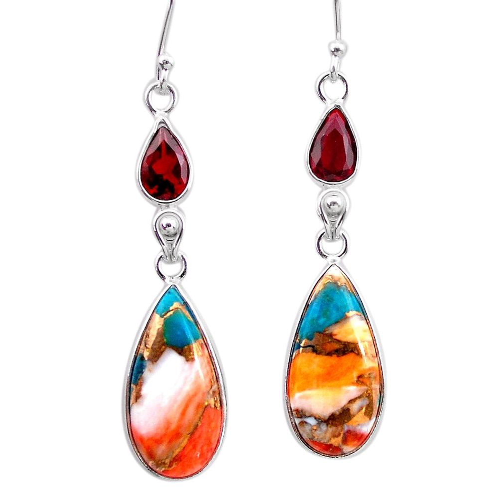 13.13cts spiny oyster arizona turquoise garnet 925 silver dangle earrings t24900