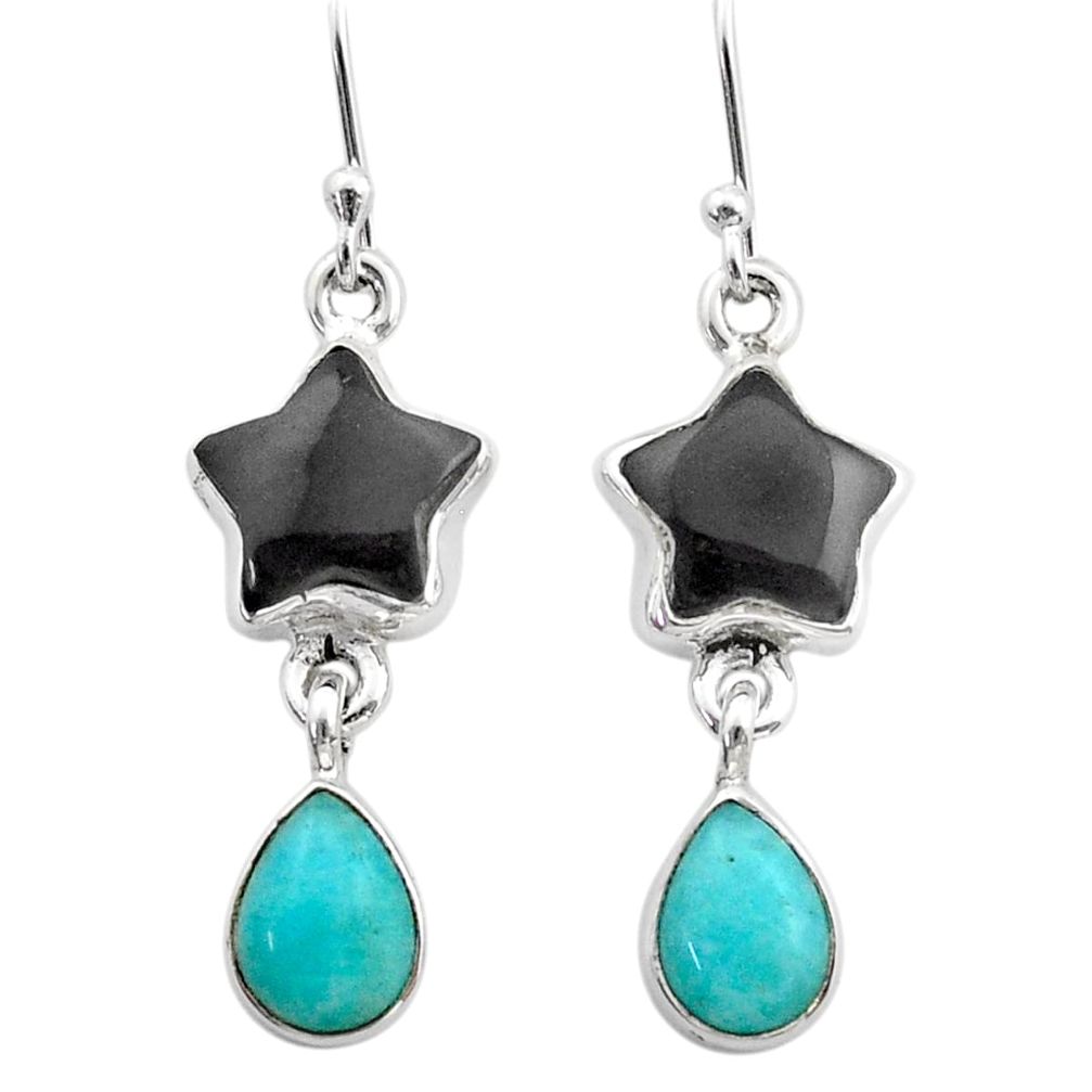 9.83cts star natural black onyx peruvian amazonite 925 silver earrings t63102