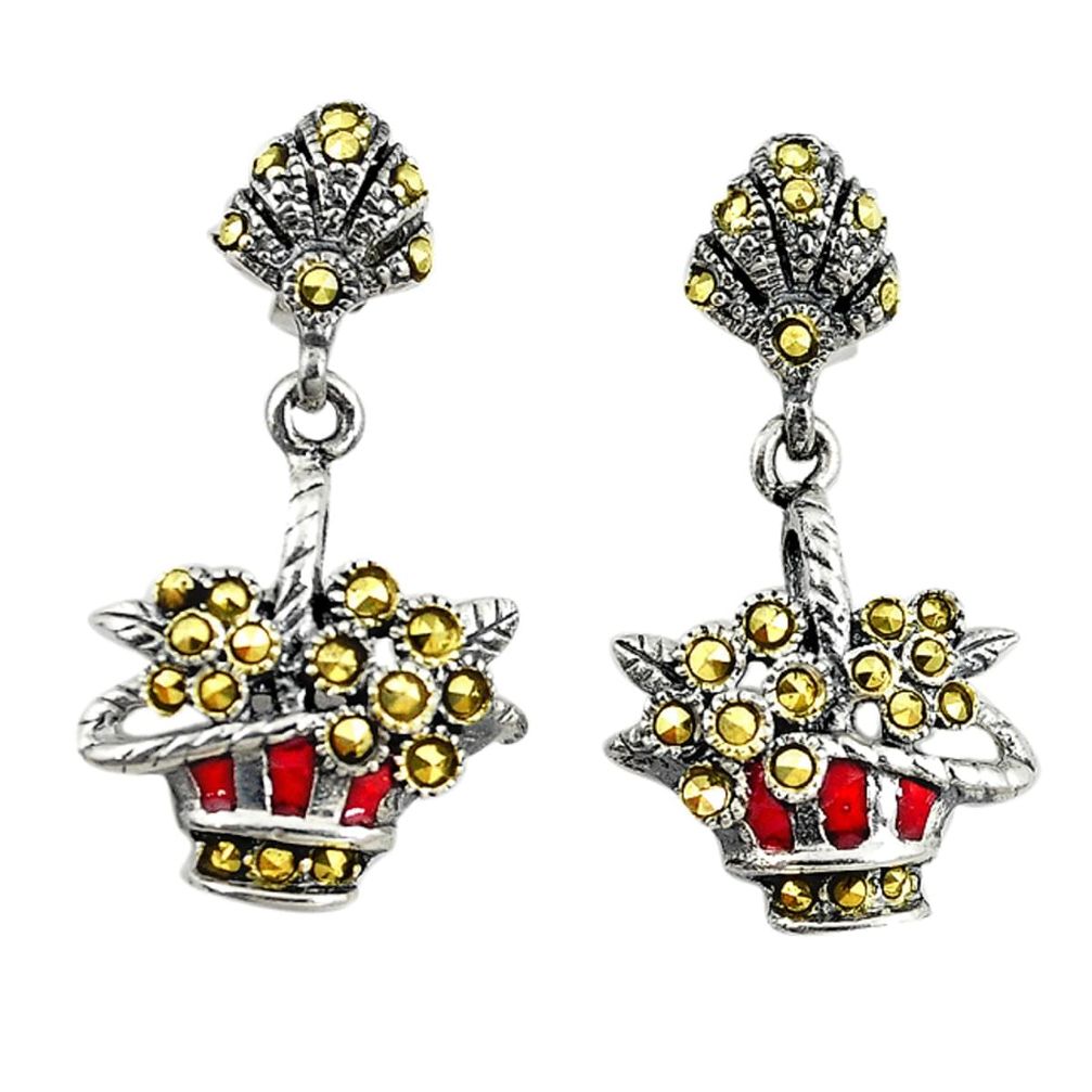 Swiss marcasite enamel 925 sterling silver flower basket earrings jewelry c22401