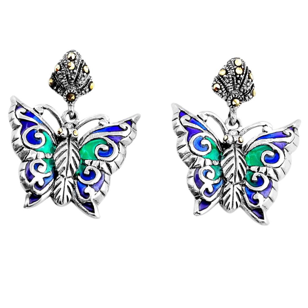 5.87gms swiss marcasite green blue enamel 925 silver butterfly earrings c29595